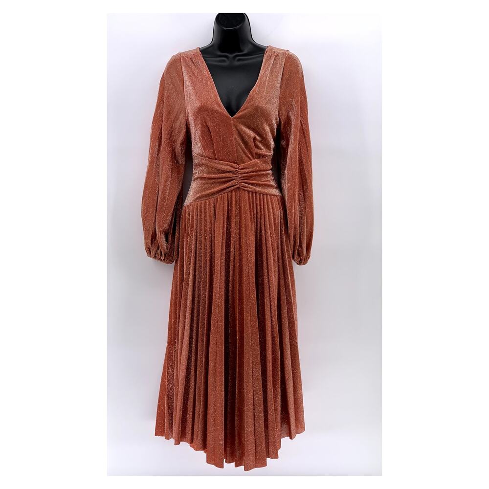 SETRE Women's Rust Orange Metallic Pleated V-Neck Long Sleeve Maxi Dress SZ S